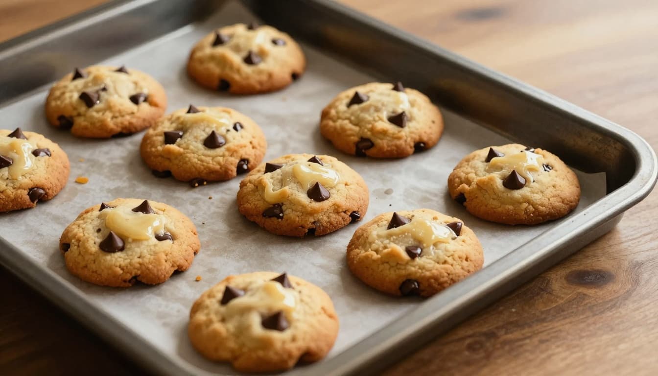 A close-up of golden brown chocolate chip cookies with melty chips baking in an oven, rendered in soft watercolor style with blending brush strokes and warm lighting on a wooden table background.