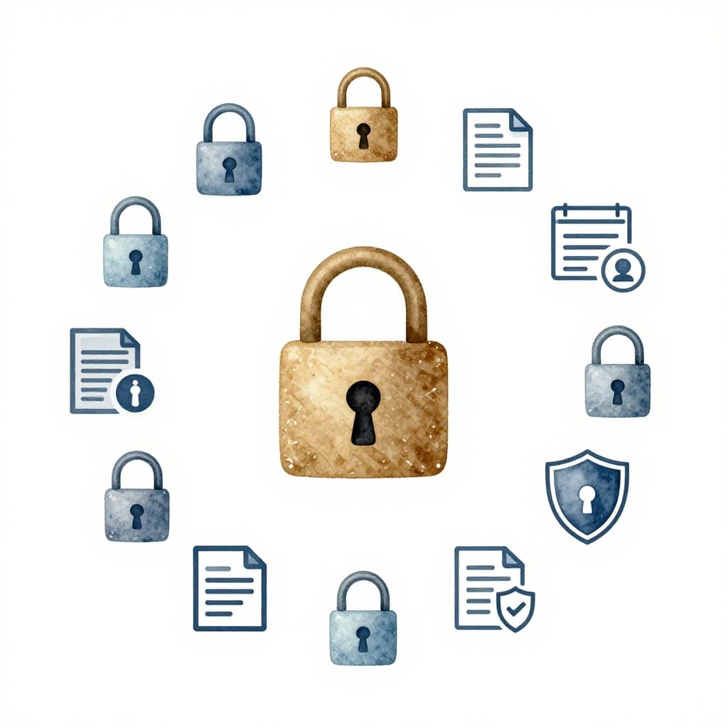 Icons symbolizing compliance standards—locks for security, documents for finance, shields for privacy—arranged in a balanced circular composition on a neutral background in simple watercolor style with soft blending and brush texture.