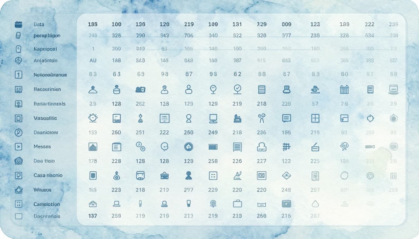 Watercolor illustration of data streams aligning into uniform formats on a digital dashboard background, with icons for dates, numbers, and text matching, featuring soft blending visible brush texture, pale blue tones, and subtle glow lighting in an abstract composition.