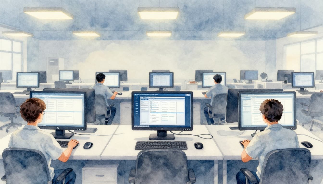 Watercolor depiction of a modern factory floor where workers at three computers use the same software interface to monitor uniform data, featuring soft blended colors, brush texture, pale blue tones, and warm overhead lights.