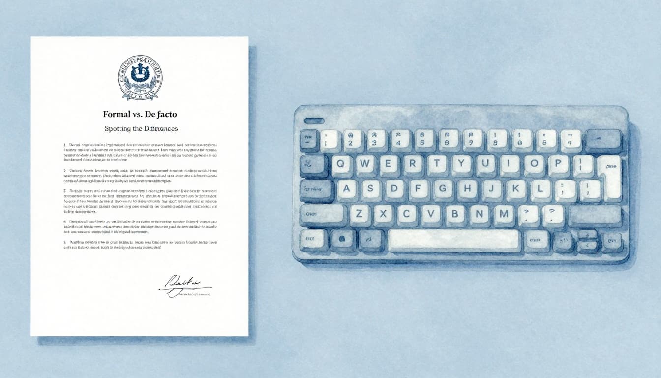 Split watercolor composition contrasting a formal standards document with official stamp on a wooden desk on the left half and a classic QWERTY keyboard on the right half, with soft blending and pale blue background.