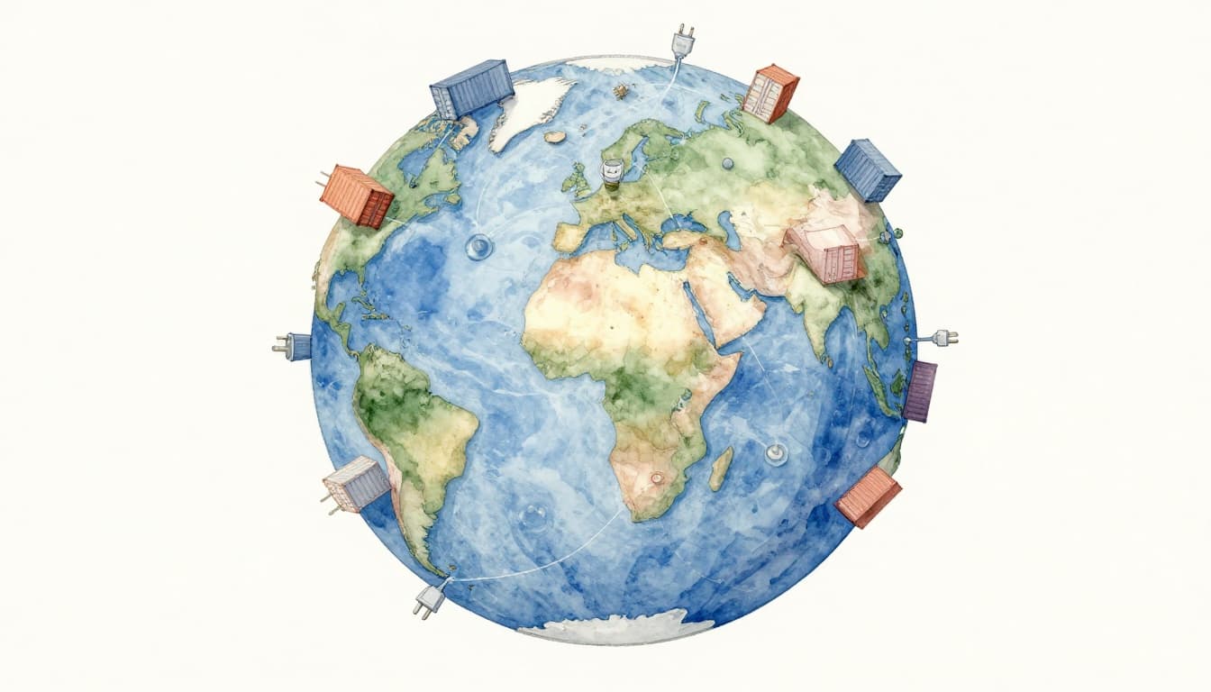 Watercolor illustration of a world globe with standardized shipping containers and electrical plugs from different countries connecting seamlessly, in soft earth tones with brush texture and natural light.