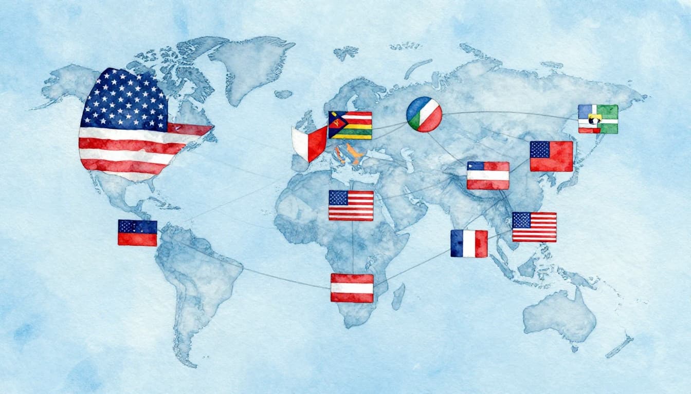 Watercolor illustration of a globe showing the US flag connected by lines to international flags, symbolizing standards coordination across borders. Features soft blending, brush texture, and pale blue background.