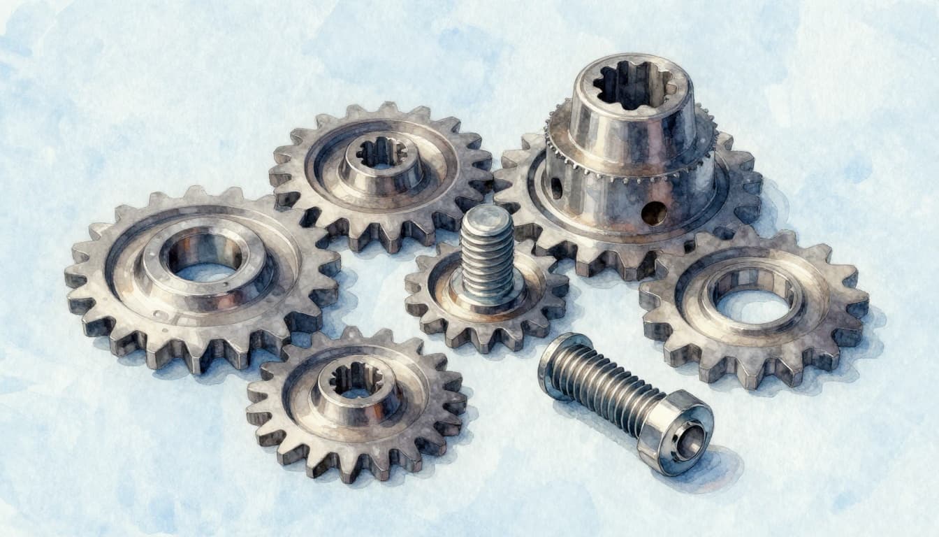 Watercolor style image showing interchangeable product parts like gears and bolts fitting perfectly together on a workbench, soft brush strokes blending, same pale blue background tone as previous images, natural light, exactly one set of parts, no hands visible, centered composition, no text, no watermarks.