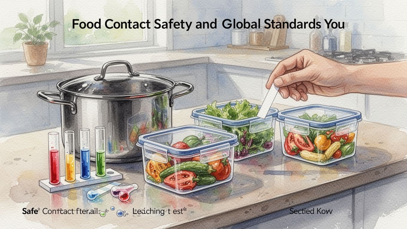Watercolor illustration of safe stainless steel cookware and plastic food containers on a kitchen counter undergoing leaching test simulation with chemical indicators and a hand holding a test strip.