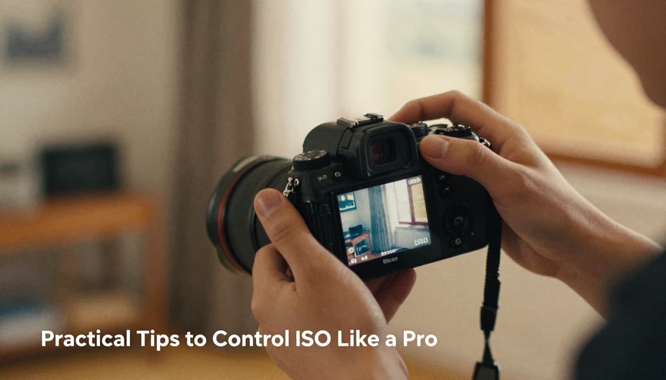 Watercolor depiction of a photographer in a cozy low-light indoor room holding a camera and adjusting the ISO dial with relaxed hands, featuring soft warm lighting and blended brush strokes.