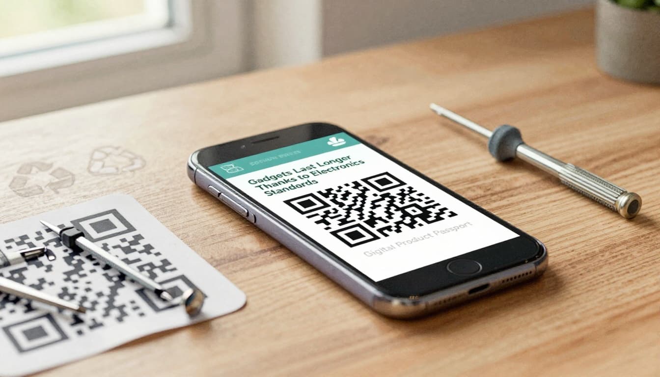 A smartphone rests on a wooden table with a visible QR code sticker and nearby repair tools like a screwdriver, faint recycling symbols in the background, illuminated by natural window light in a soft watercolor style with brush textures.