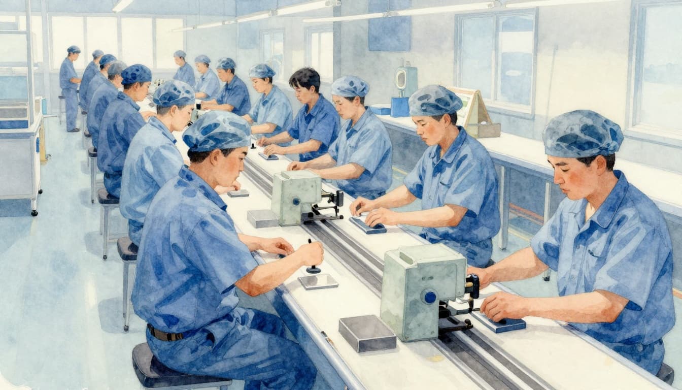 Watercolor painting of a factory assembly line with two workers following uniform steps on conveyor belts, soft blending brush texture, pale blue background, warm lighting, centered on workflow.