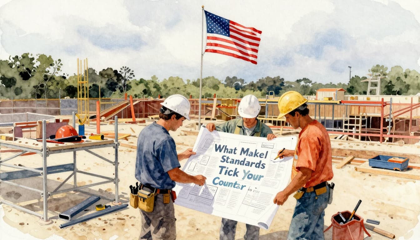 Watercolor painting of a US construction site with one builder in hard hat examining blueprint amid scaffolding and tools, American flag waving in background, soft blending, brush texture, overcast lighting, landscape composition.