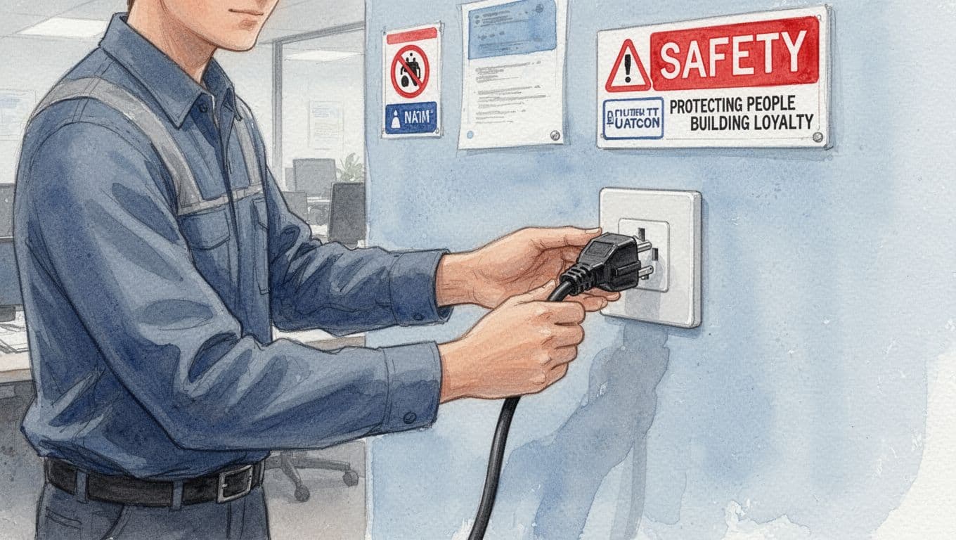 Watercolor illustration of a worker safely plugging a standard electrical cord into a modern office, focusing on safe fit with safety signs in the background and soft brush textures on a pale blue background.